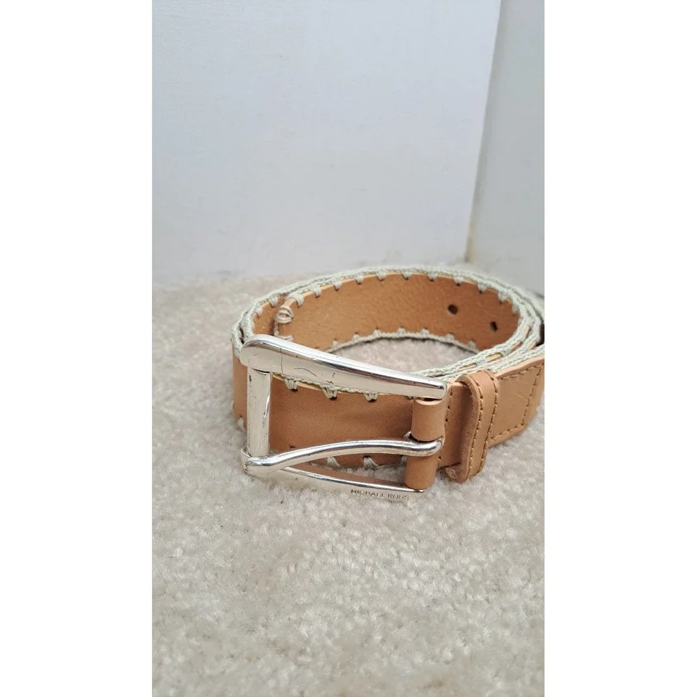 MICHAEL KORS Leather Belt Tan Beige Cream Whipstitch BOHO Silver Buckle Women M